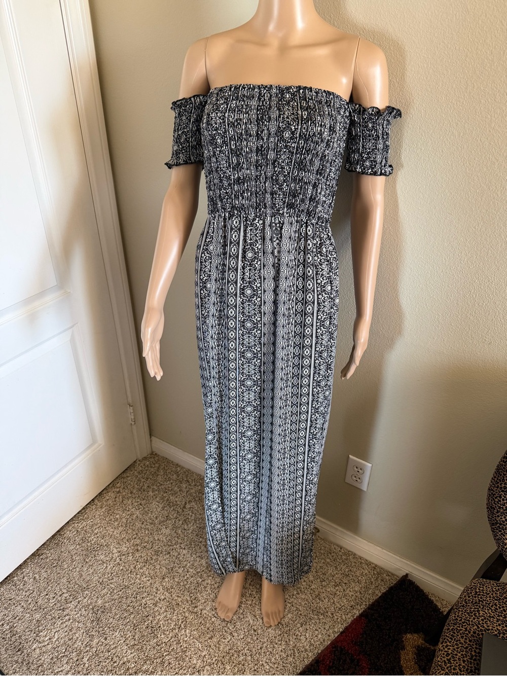 Three Hearts Black & White Off-Shoulder Smocked Maxi Dress